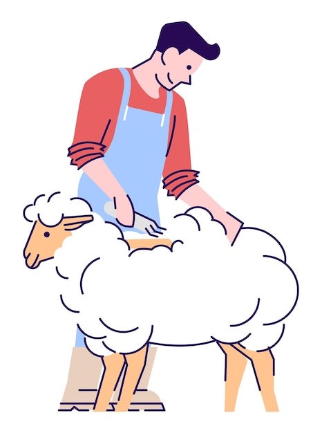 Trabajador agrícola con ilustración de vector de color RGB semiplano de cordero. Granjero masculino esquilando ovejas personaje de dibujos animados aislado sobre fondo blanco