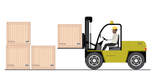 Vector trabajador de almacén afroamericano cargando cajas de madera ilustración vectorial