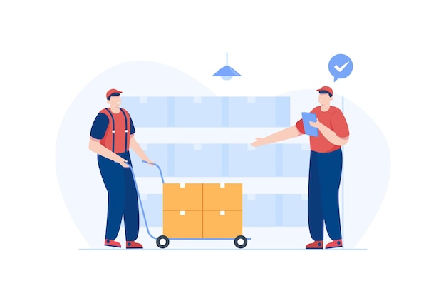 Trabajador de almacén comprobando cajas de cartón preparando mercancías para su envío Ilustración vectorial