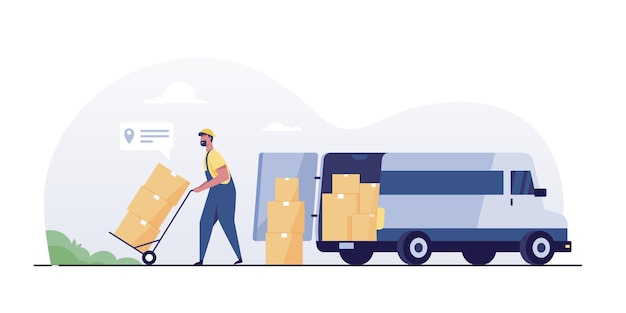 Trabajador del almacén descargando mercancías de la camioneta. Servicio de entrega y logística de transporte.