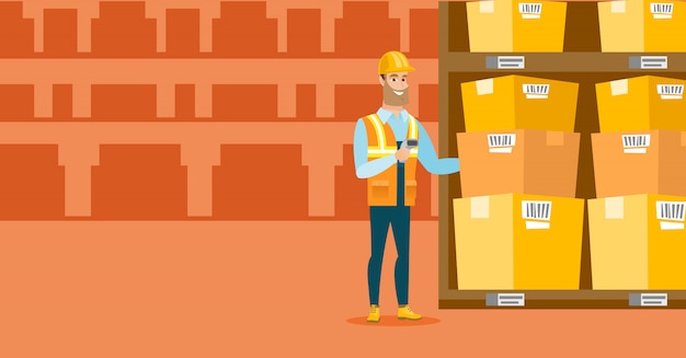 Trabajador del almacén escaneando el código de barras en la caja.
