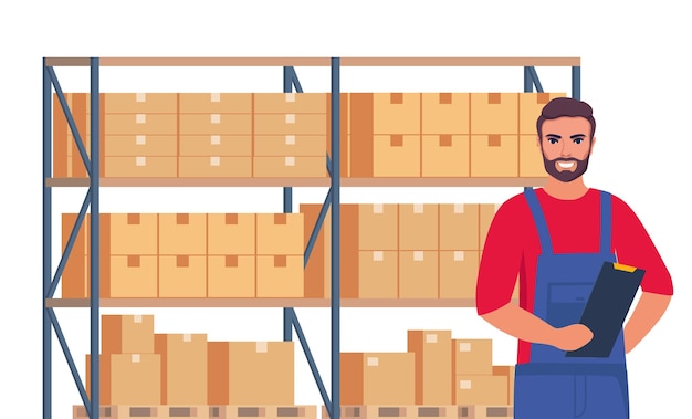 Vector trabajador de almacén y estante con cajas de cartón servicio de entrega logística concepto ilustración vectorial