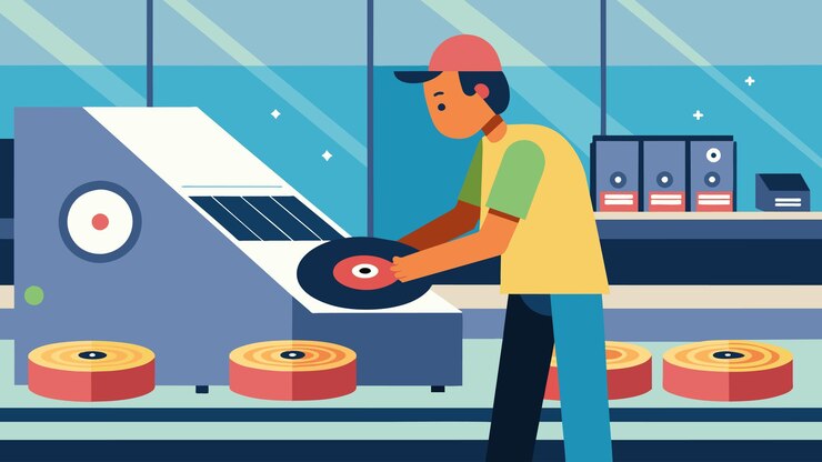 Vector un trabajador de un almacén saca discos de vinilo recién prensados de una máquina y los coloca cuidadosamente en un
