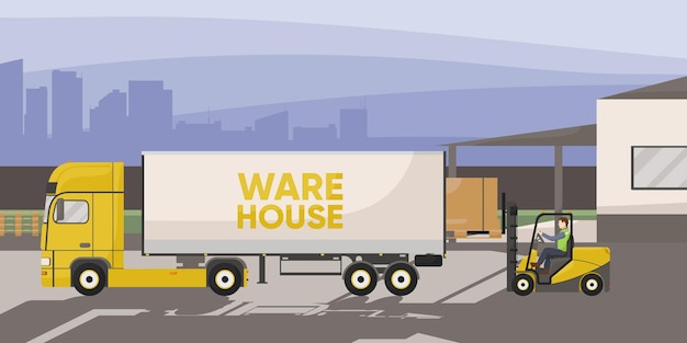 Vector trabajador de almacenamiento de almacén en carretilla elevadora de carga carga mercancías en cajas de cartón en palet a camión de logística camión en entrega edificio de almacén al aire libre en el paisaje urbano en el fondo ilustración vectorial