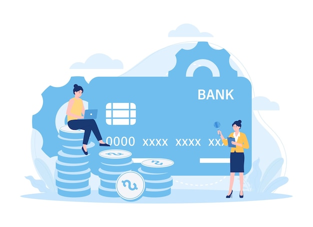 Trabajador bancario analizando el concepto de tendencias de tarjetas de crédito Ilustración plana