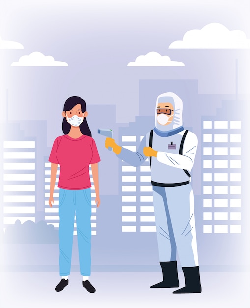 Trabajador de bioseguridad con control de punto con termómetro láser