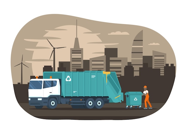 El trabajador carga un contenedor de basura en el camión de basura Ilustración vectorial