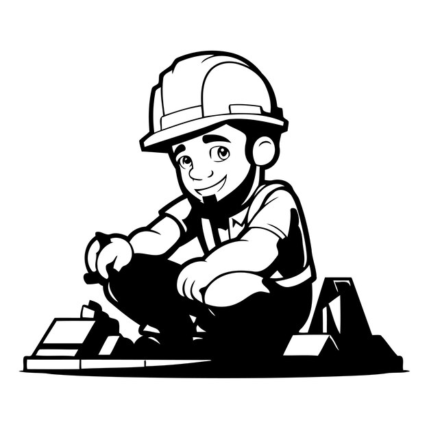 Vector trabajador con casco y mono sentado en el suelo ilustración vectorial