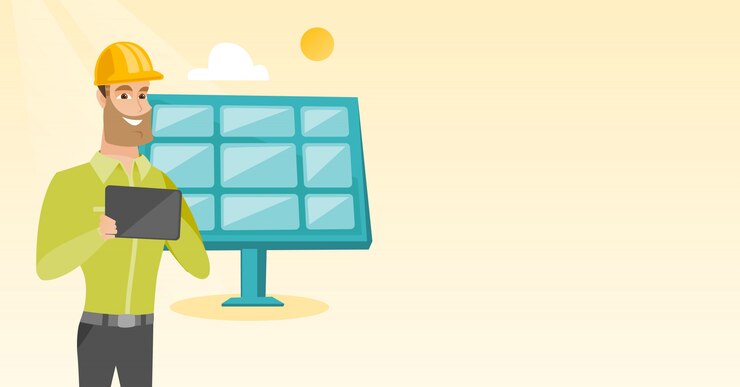 Vector trabajador caucásico de planta de energía solar.