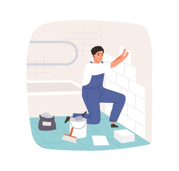 Trabajador colocando y colocando baldosas de cerámica en el baño. solador profesional en monos de trabajo. reparador de azulejos. ilustración de vector plano de maestro de reparación aislado sobre fondo blanco