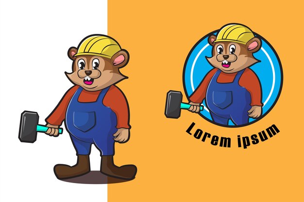 trabajador de la construcción, ardilla, caricatura, proceso de llevar, martillo