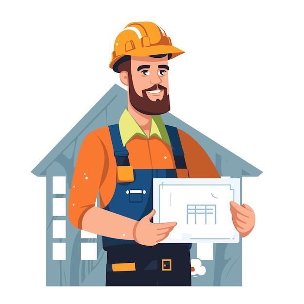 Trabajador de la construcción barbudo que presenta el plano del constructor sonriente que lleva un mono de sombrero duro