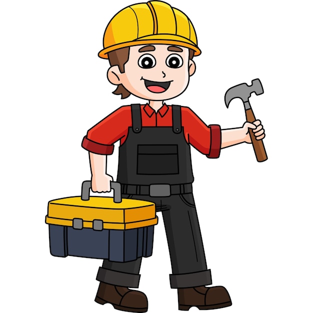 Trabajador de la construcción con caja de herramientas Clipart de dibujos animados