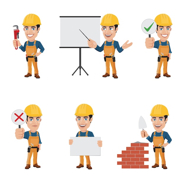 Trabajador de la construcción Caracteres en 6 diferentes poses