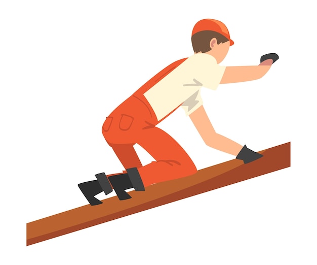 Trabajador de la construcción Carpintero Hombre Personaje Vestido con uniforme y casco protector Edificio Construcciones de madera Ilustración vectorial de dibujos animados