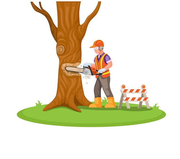 Trabajador de la construcción cortó el árbol con el vector de ilustración de dibujos animados de actividad de tala de árboles de motosierra