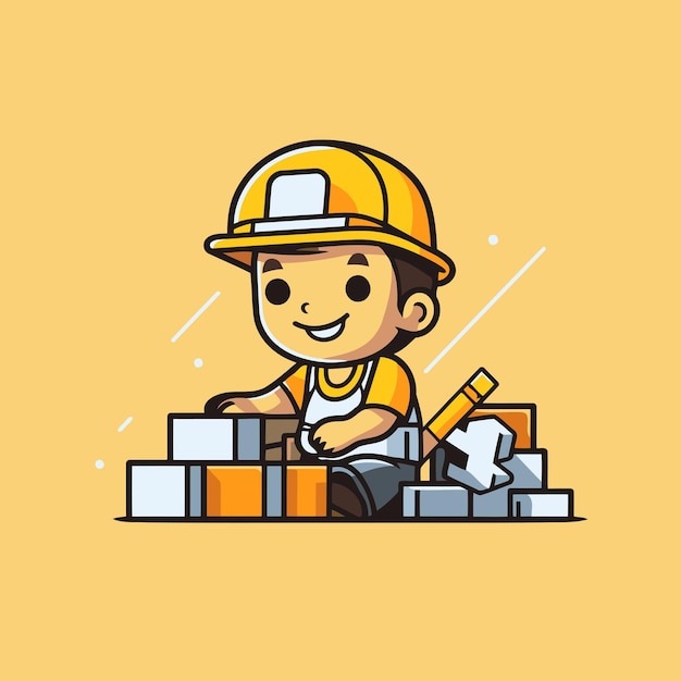 Vector trabajador de la construcción de dibujos animados con ladrillos ilustración vectorial diseño plano