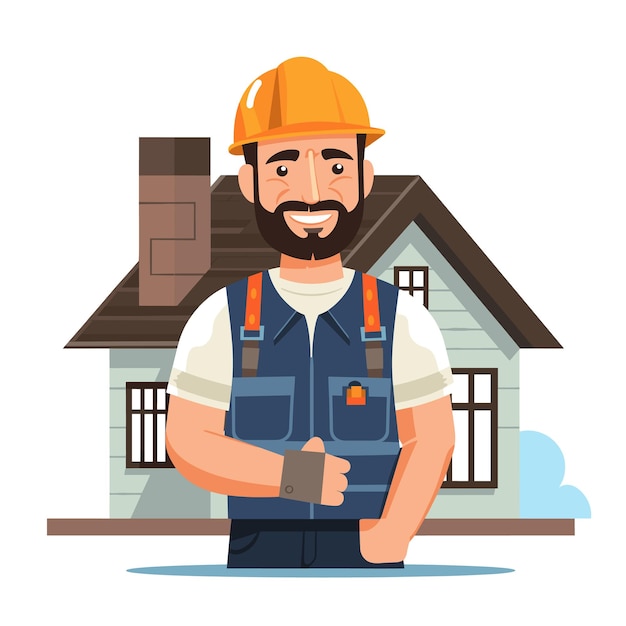 Trabajador de la construcción de dibujos animados sonriente de pie en la parte delantera de la casa constructor masculino con mono de sombrero duro