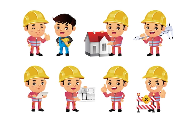 trabajador de la construcción con diferentes poses.