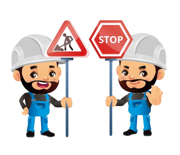 Trabajador de la construcción con diferentes poses.