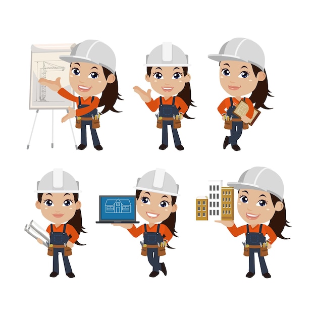 Vector trabajador de la construcción con diferentes poses.