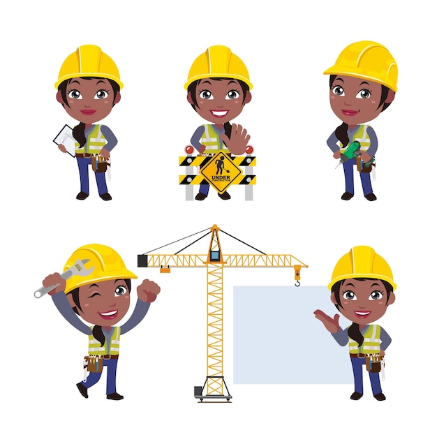 Trabajador de la construcción con diferentes poses.