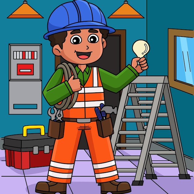 Trabajador de la construcción electricista dibujos animados a color