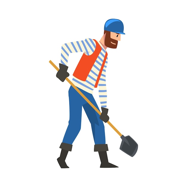 Trabajador de la construcción excavando con pala Hombre constructor personaje con uniforme y casco protector Construyendo casa Ilustración vectorial de dibujos animados