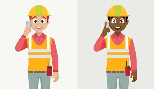 Vector trabajador de la construcción hablando por teléfono