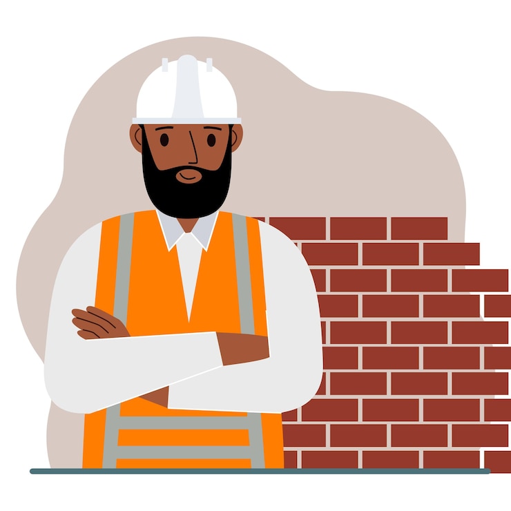 Vector trabajador de la construcción de hombre sonriente en un casco blanco y un chaleco naranja. ilustración plana vectorial