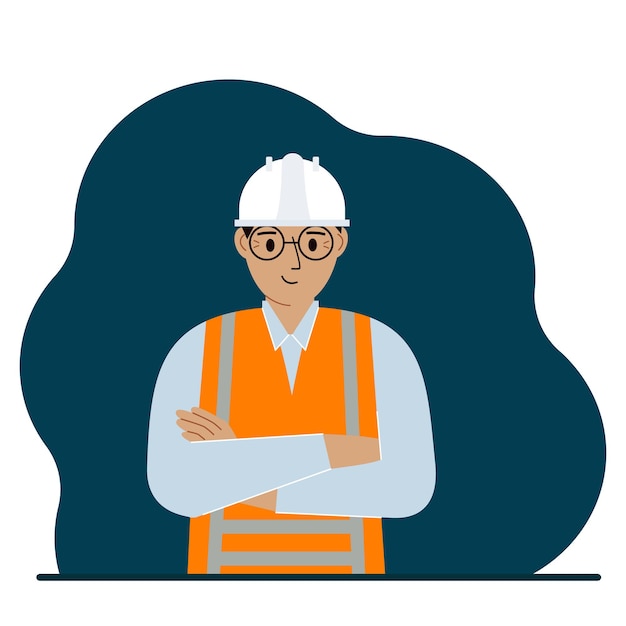 Vector trabajador de la construcción de hombre sonriente en un casco blanco y un chaleco naranja. vector