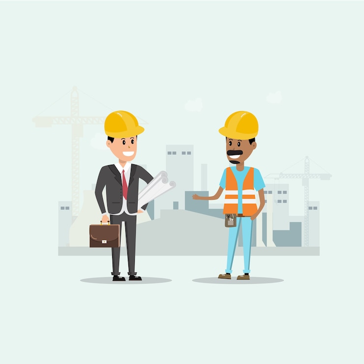 Vector trabajador de construcción de ingeniería administrar un proyecto en el sitio de construcción