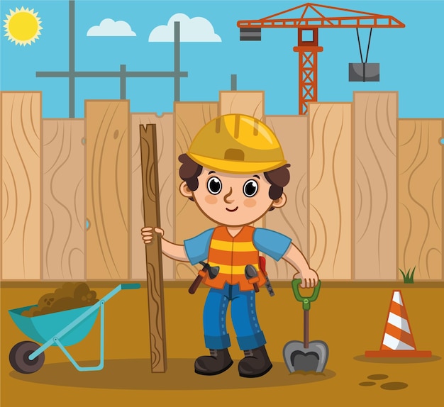 Vector un trabajador de la construcción en un lado posando con su equipo ilustración vectorial