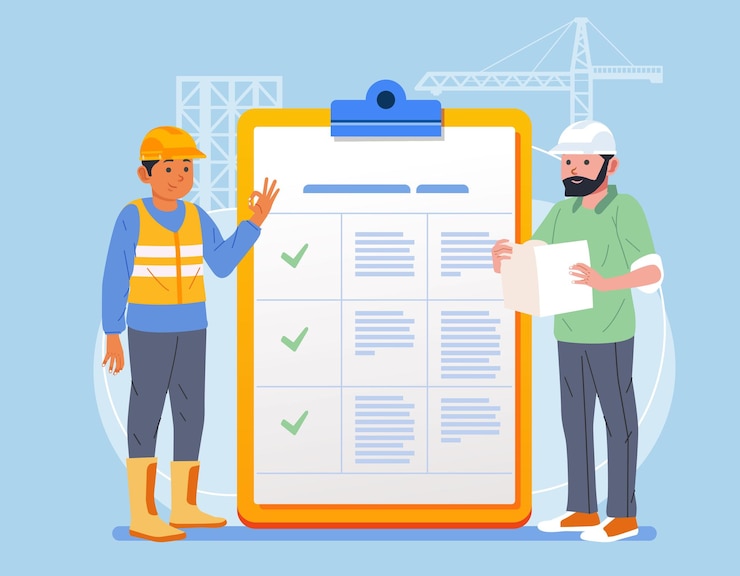 Vector trabajador de la construcción con lista de verificación marcada en el portapapeles finalización exitosa de tareas de progreso ilustración de vector plano