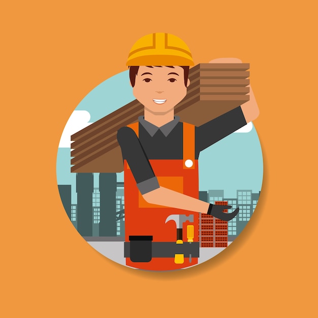 Trabajador de la construcción, llevando, tabla, en, hombro