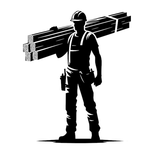 Trabajador de la construcción que lleva tablas de madera Ilustración vectorial de silueta