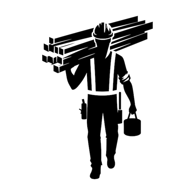 Trabajador de la construcción que lleva tablas de madera Ilustración vectorial de silueta