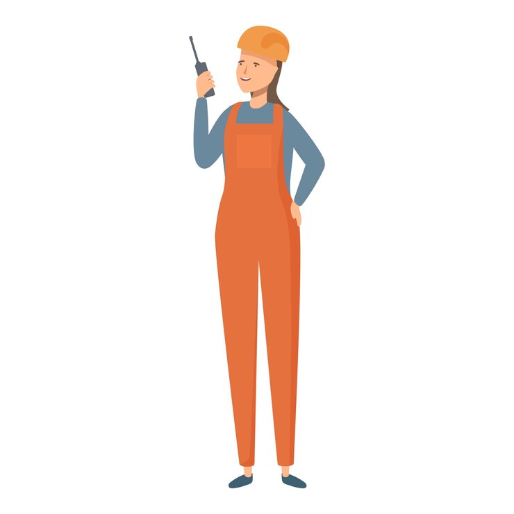 El trabajador de la construcción tiene un walkie-talkie