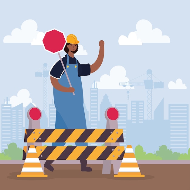 Trabajador constructor con barricada y diseño de ilustración de vector de escena de señal de parada