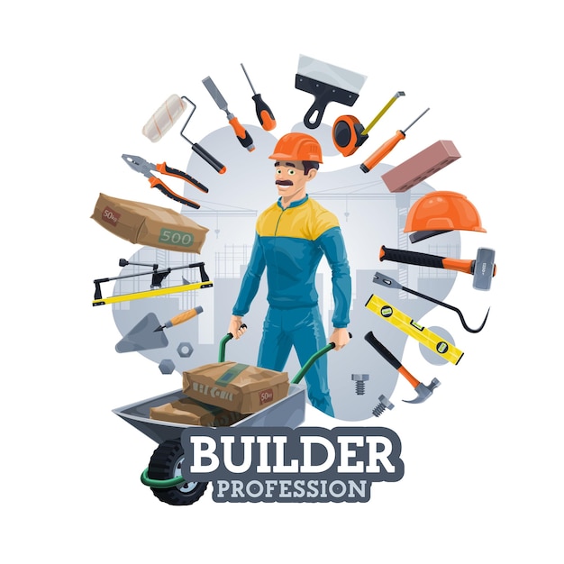 Vector trabajador de constructor de herramientas de trabajo de construcción de edificios