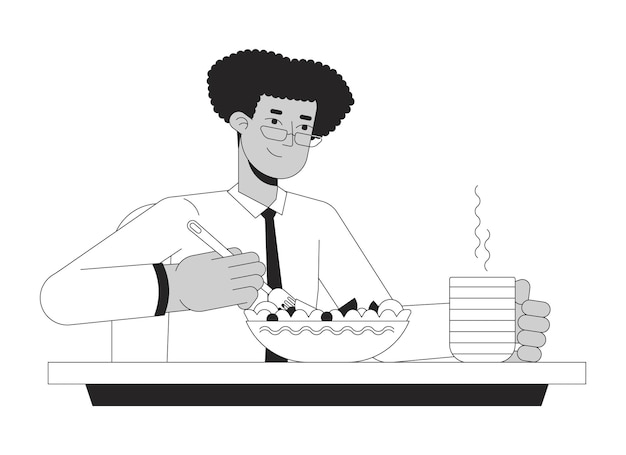 Trabajador de cuello blanco hispano comiendo ensalada en blanco y negro personaje de dibujos animados de línea 2D gafas hombre latino en el almuerzo contorno vectorial aislado persona empleado vegano ilustración de manchas planas monocromáticas