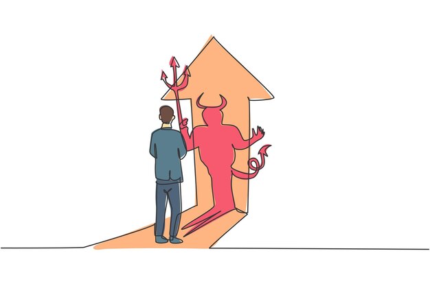 Trabajador de dibujo de una sola línea continua frente a su sombra del diablo en la pared Empresario de mal carácter