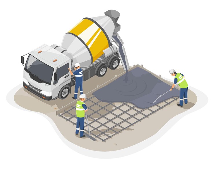 Vector trabajador de entrega de cemento blanco amarillo isométrico de camión de concreto trabajando en el lugar de trabajo de construcción de pisos