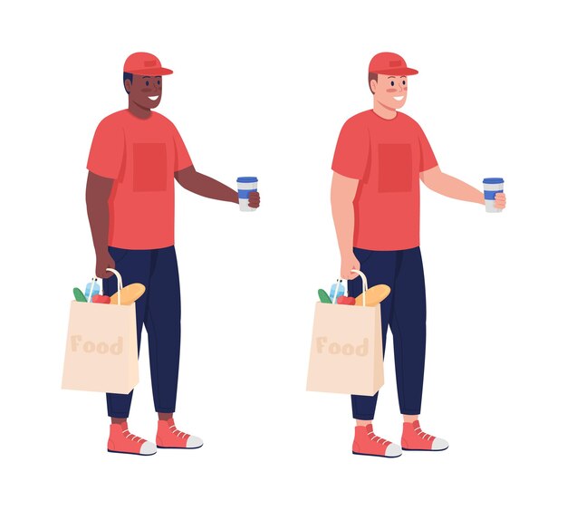 Trabajador de entrega con juego de caracteres de vector de color semiplano de alimentos Figura de pie Personas de cuerpo completo en blanco Ilustración de dibujos animados modernos aislados de servicio para diseño gráfico y colección de animación