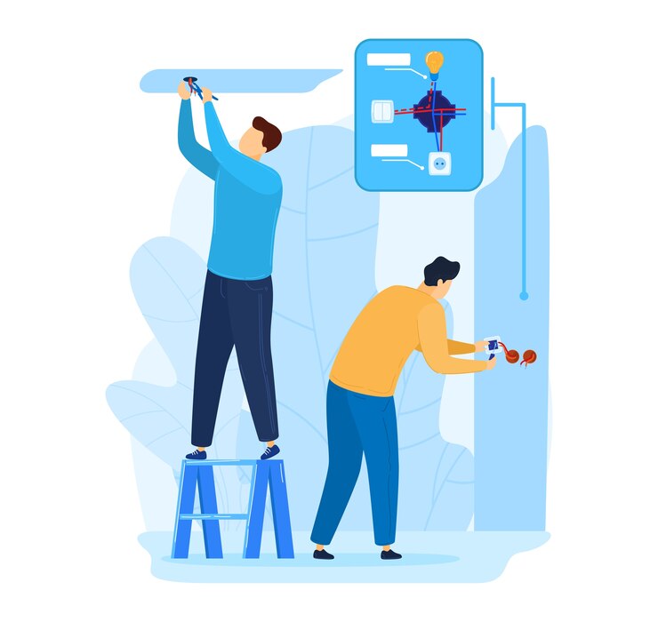 Vector trabajador de equipo para mantenimiento de electricidad, cable eléctrico de reparación de hombre electricista profesional, ilustración. servicio de ingeniero, cable de alimentación en construcción. trabajo de instalación de voltaje.