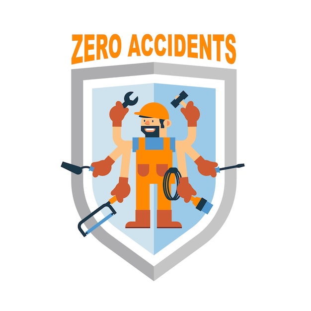 Vector trabajador en un escudo de cero accidentes.