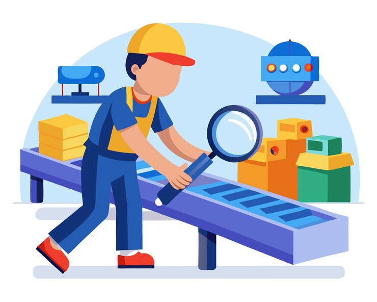 Vector trabajador de la fábrica comprobación de calidad inspeccionar la supervisión de los productos gráficos de ilustración vectorial