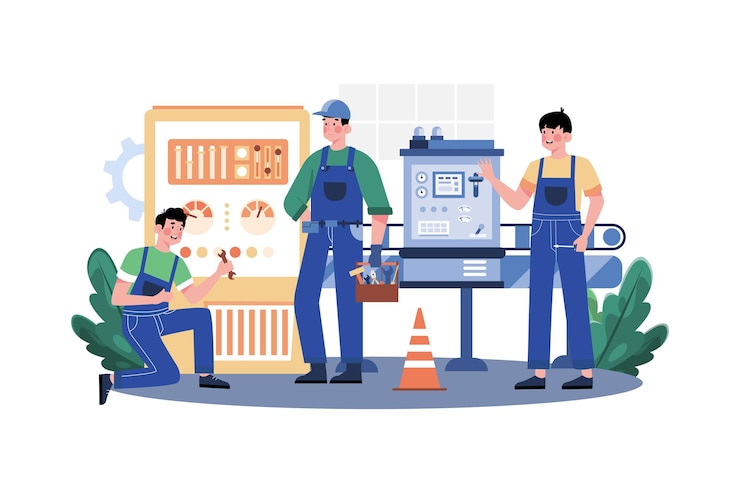 Vector trabajador de fábrica que repara el concepto de ilustración de la máquina sobre fondo blanco