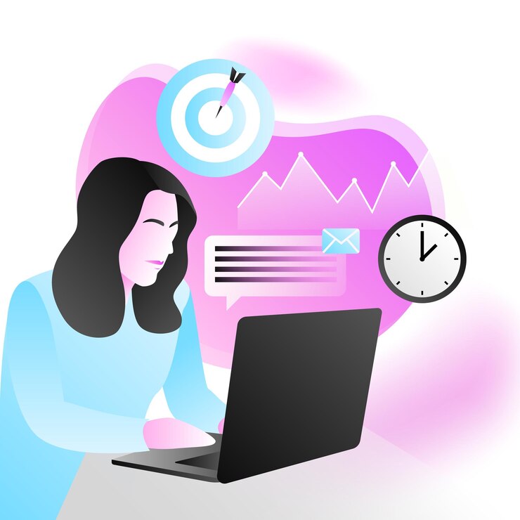 Vector trabajador, ilustración, mujer que trabaja, en, computador portatil