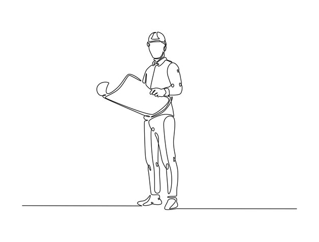 Trabajador con una ilustración en papel de plano en un diseño de contorno simple